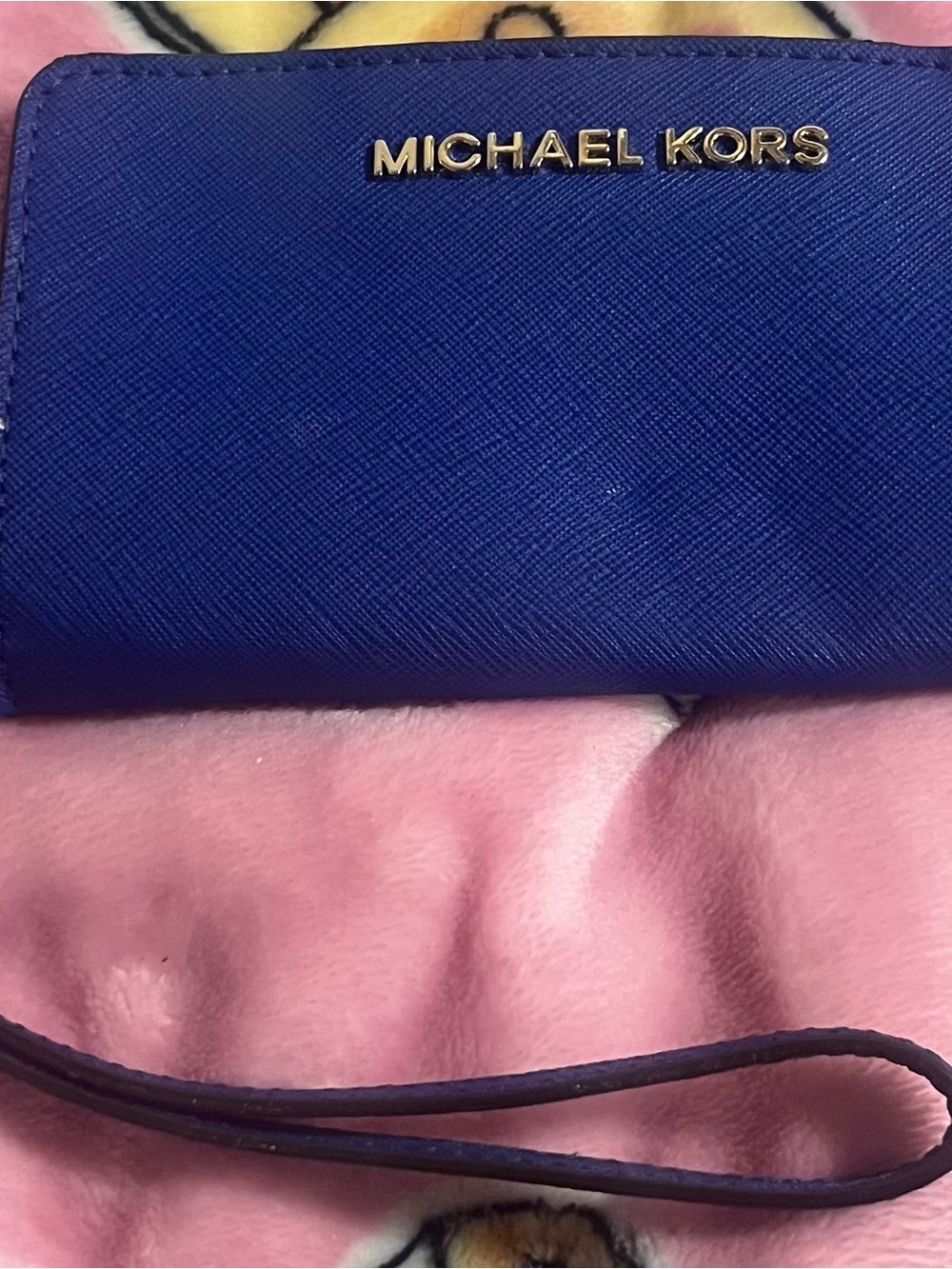 Michael Kors Saffiano Leather Wristlet in Cobalt Blue with Gold Logo